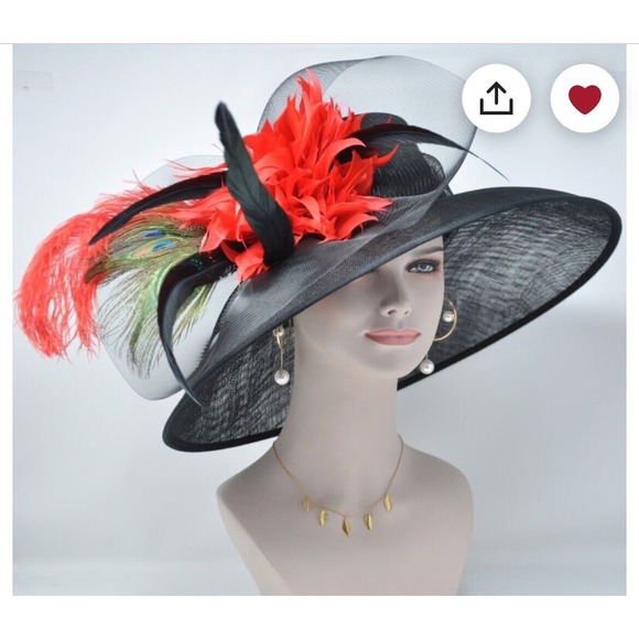 Black red feathers Flowers Kentucky Derby Tea Party Wide Brim Hat Handmade - Picture 7 of 10